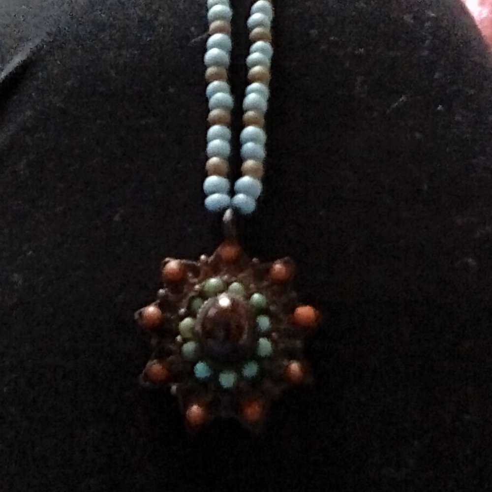 9 Pointed Star Pendant Necklace Dark Red Garnet & Turquoise Stones